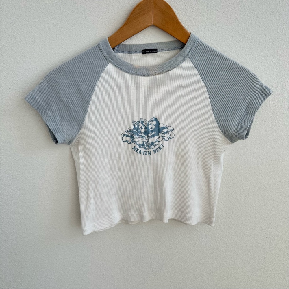 Brandy Melville Heaven Sent Ribbed Raglan Crop Top Angel Graphic